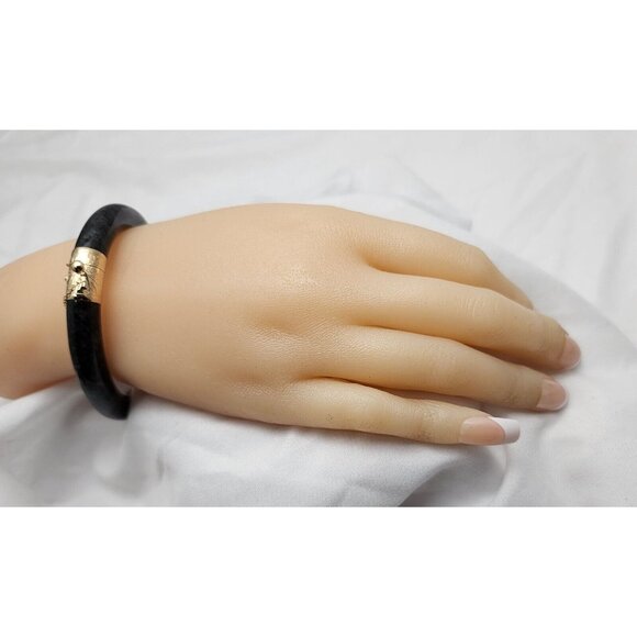 14K Solid Yellow Gold Textured Black & Grey Jade Jadeite Bangle Bracelet 7" L - Picture 11 of 13